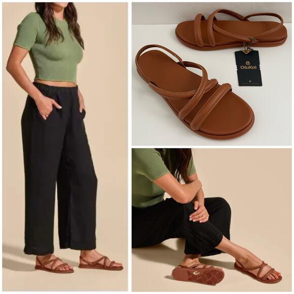 Olukai Tiare Leather Strappy Sandals Minimalist Neutral in Fox Brown Size 10 NWT - Picture 1 of 15